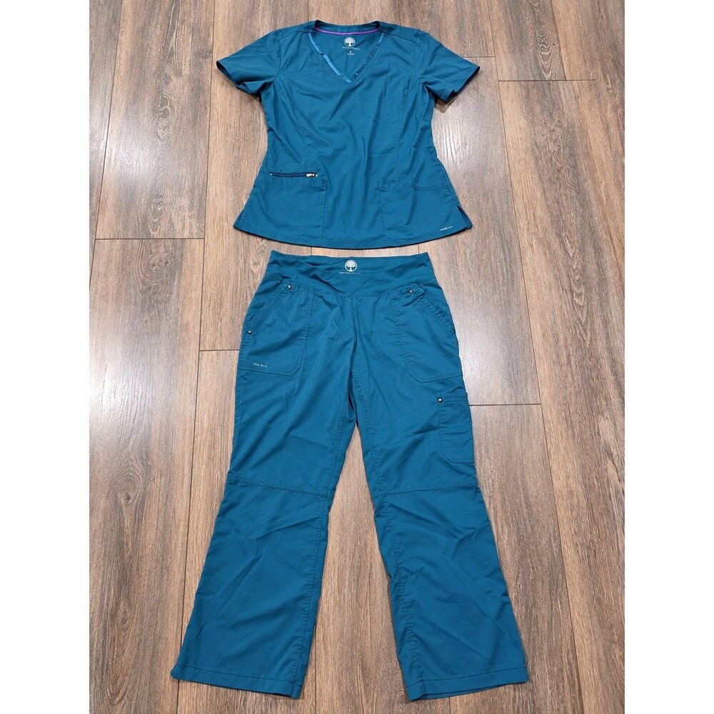 Healing Hands Womens Scrub Set Top S Pants MP Petite Teal Blue V Neck Cargo